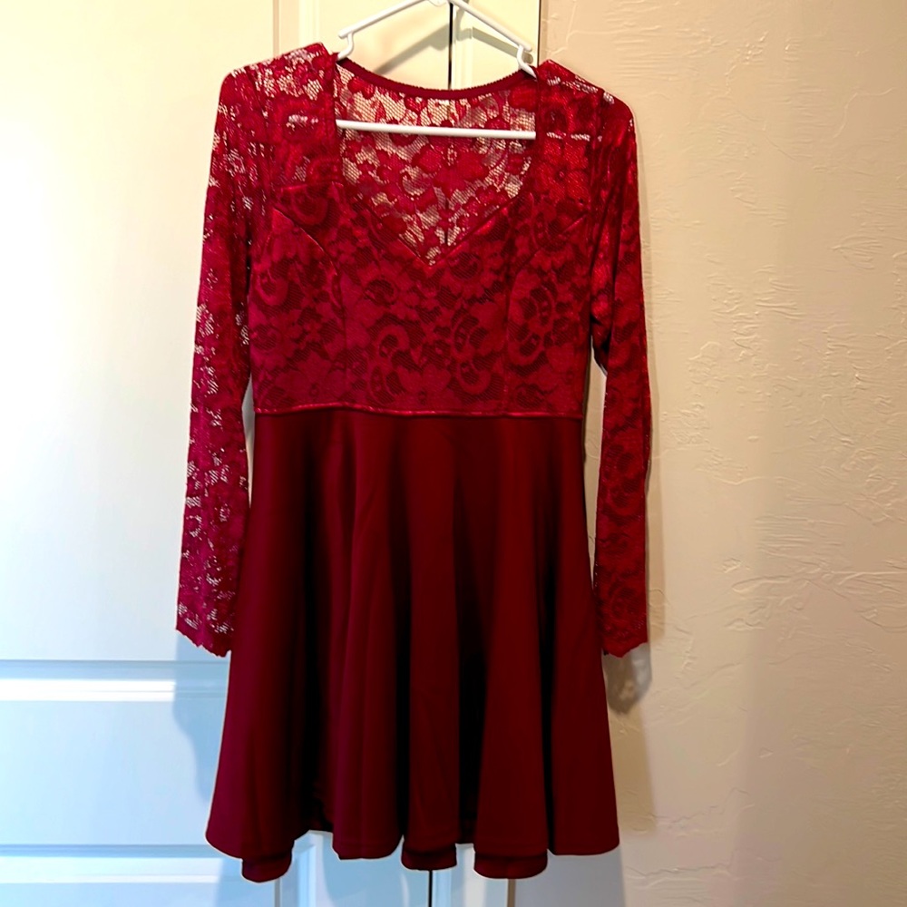 Dark red, lace sleeve dress